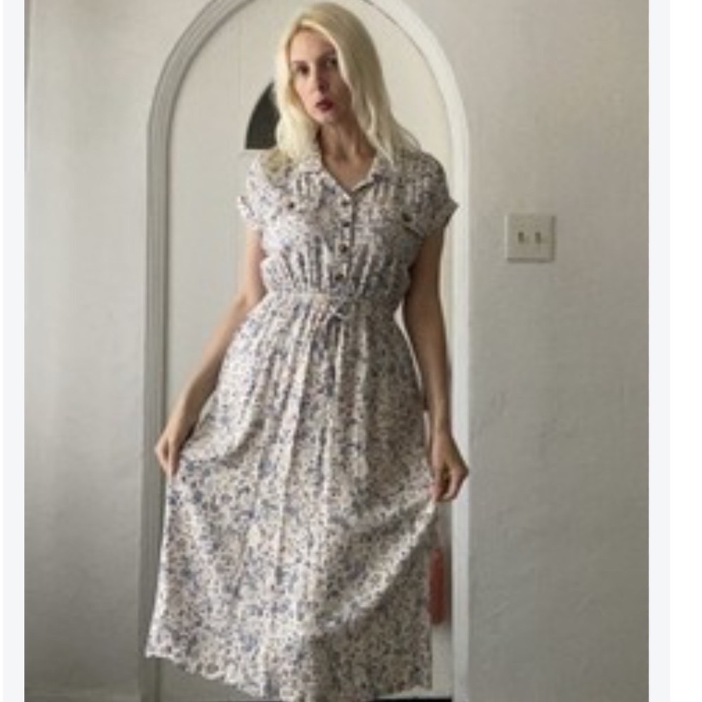 Lucky Brand Blue Floral Button Front Midi Dress Elastic Waist XXL